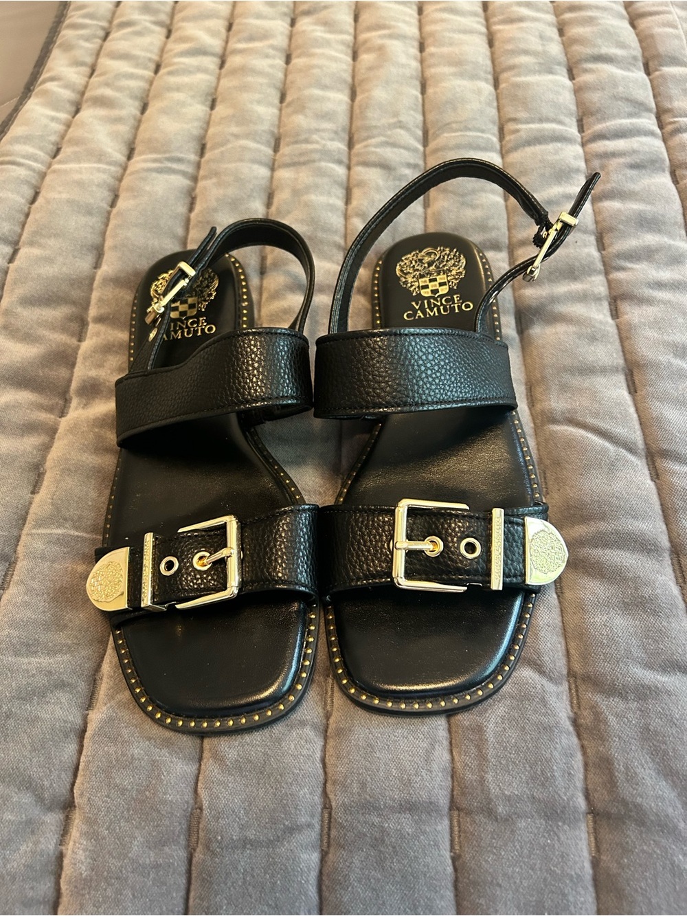 Vince Camuto Black Leather Buckle & Gold Accent Sandals
